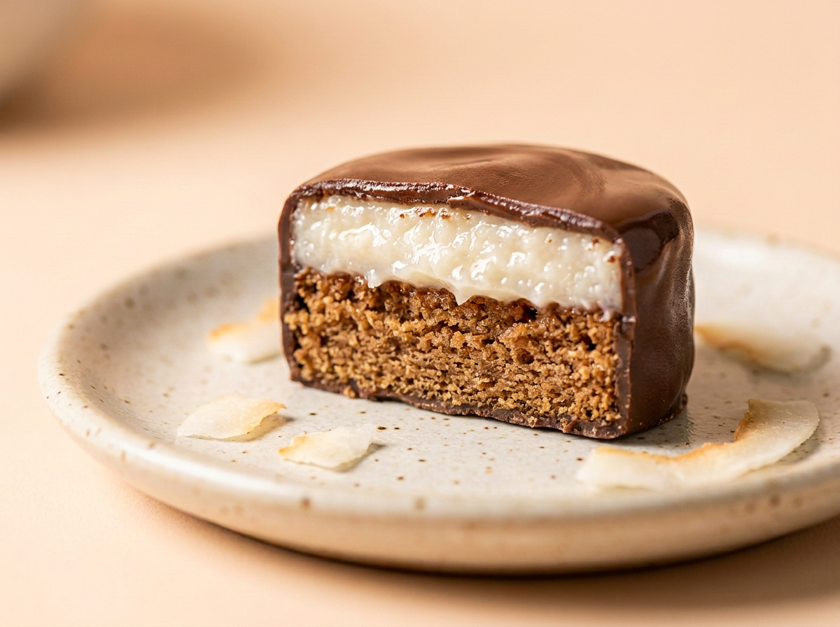 Pão de mel de coco coberto com chocolate e coco ralado